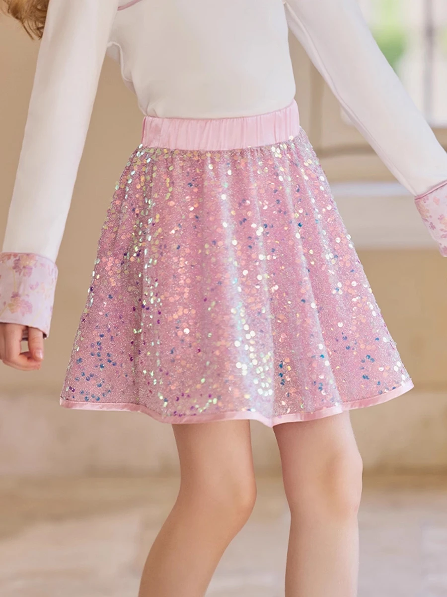 

Girl's Sequin A-Line Skirt Sparkly Summer Skort with Glitter Details, Fashionable Stretch Waist Skirt for 3T-8T Kids & Toddlers