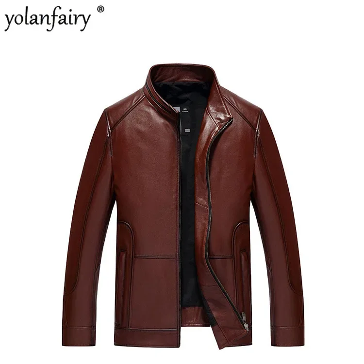 

YOLANFAIRY Genuine Leather Coat Men's Short Pure Cowhide Jacket Slim Fit Standing Collar Motorcycle Outwears Spring Autumn New