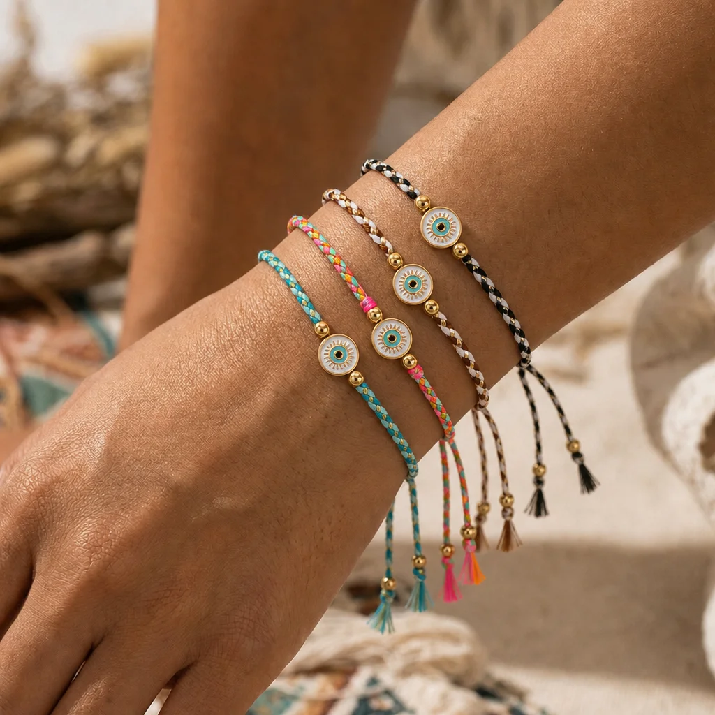 4pcs Colorful Braided Cord Bracelet with Round Copper Charm Tassel Ends Adjustable Boho Rope Bracelet for Women Beach Style