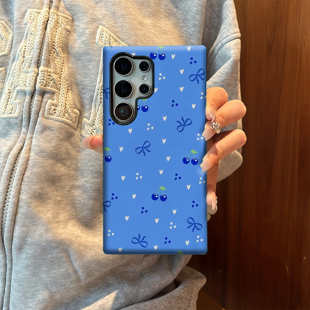 حافظة هاتف كرزية زرقاء لهاتف سامسونج جالاكسي S25 Ultra S24 S23 Ultra Plus غطاء خلفي لامع بطبقة مزدوجة