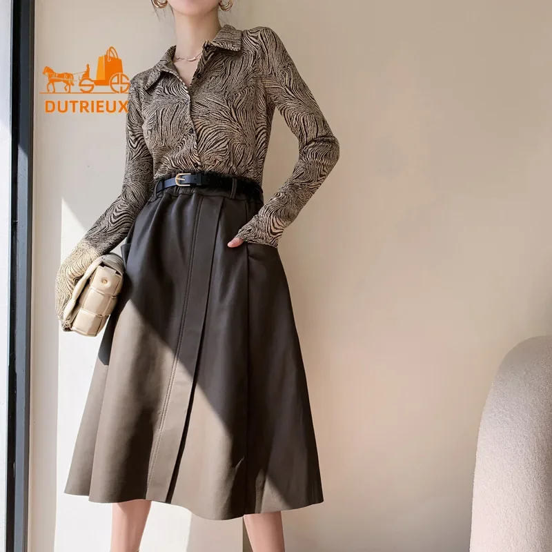 High-end 100% Sheepskin Skirt for Women, New Style Cowhide High Waist Mid-length Genuine Leather A-line Skirt for Work in Winter