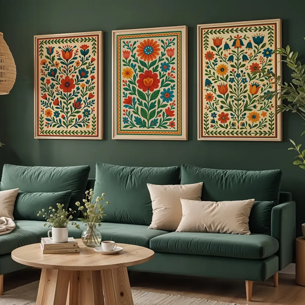 3pcs Frameless, Scandinavian Flower Wall Art, Colorful Plant Prints, Vibrant Flower Wall Art, Ethnic Bohemian Style Decoration