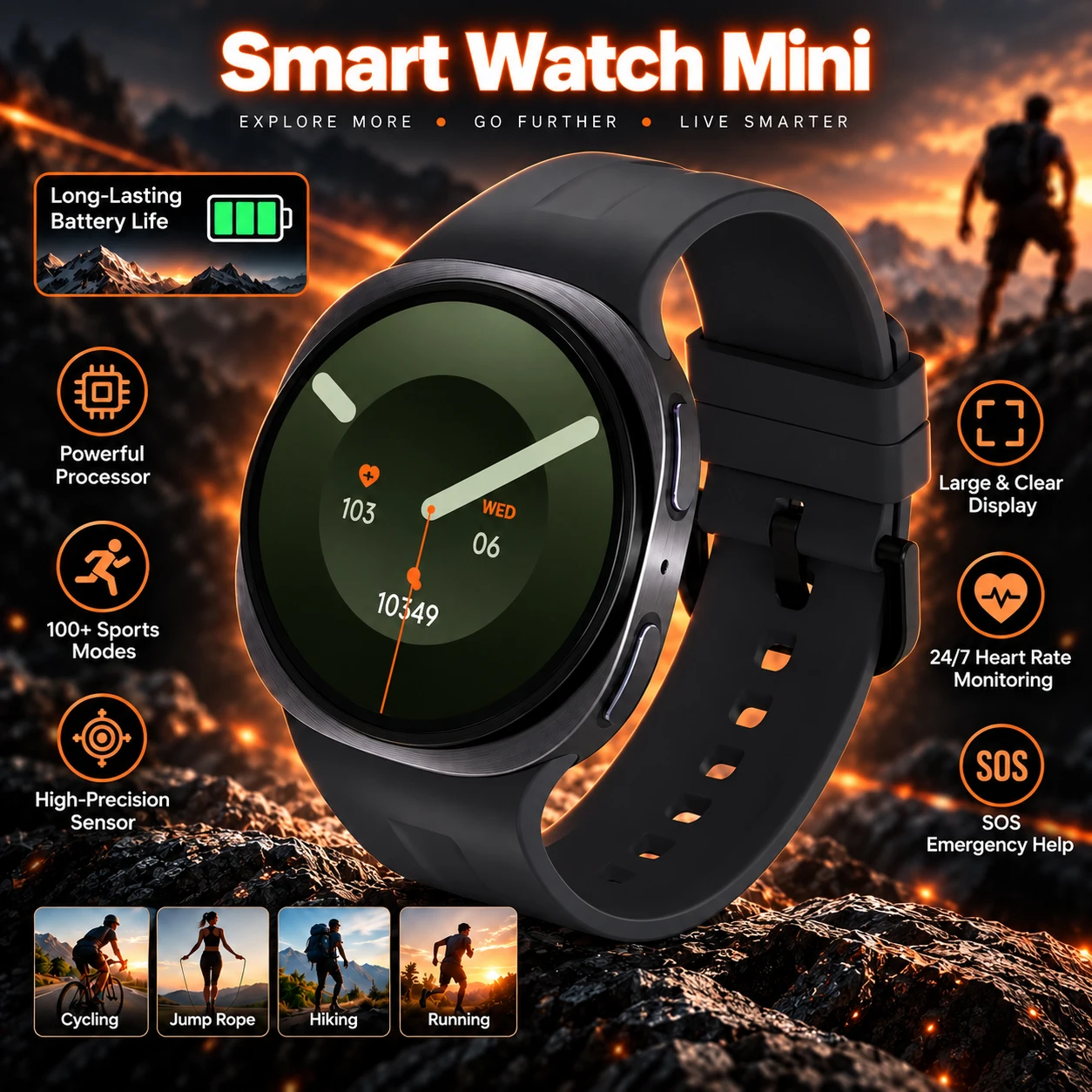 Watch W9 Mini 2 Smart Watch Large & Clear Display Sports Modes Real-Time Core Health Tracking IP68 Waterproof Smart Watch 2026