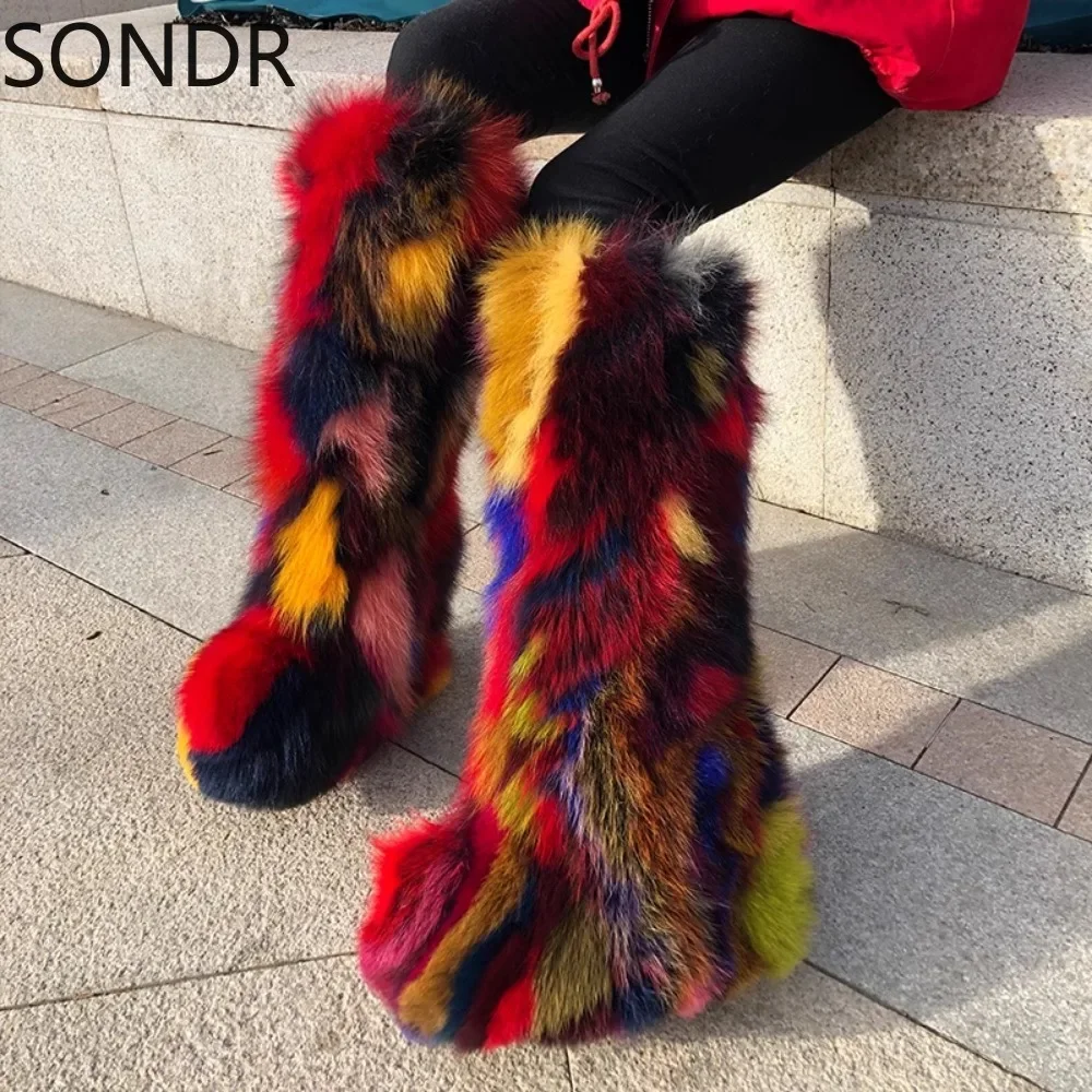 Womens Round Toe Knee Thigh Boots Real Fox Fur Furry Hidden High Heel Warm Winter Snow Shoes Rainbow Colors New 2024