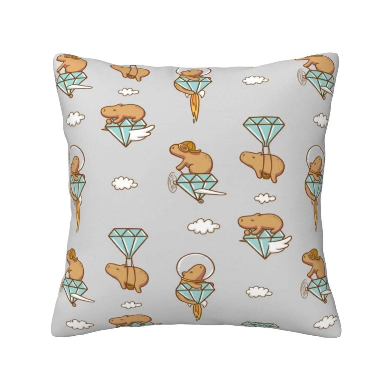 Capy In The Sky With Diamonds Funny Cute Decor Square Pillowcase Capybara Cute Animal Sky Clouds Flying Pattern