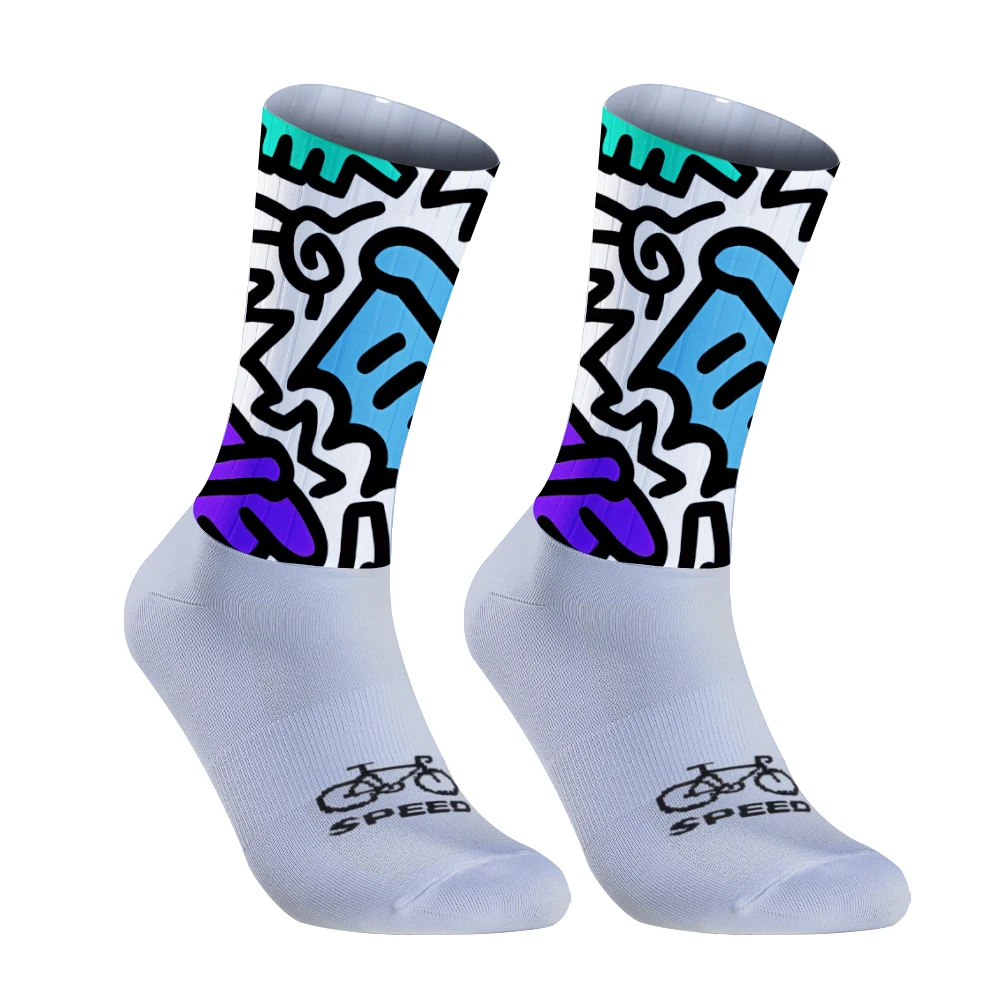 AliExpress NONE Graffiti Style Colorful Long Tube Cycling Socks, Three Different Colors of Graffiti, Two Sock Bottom Colors Available