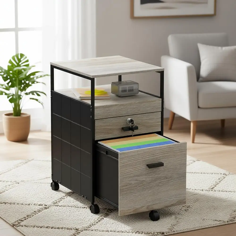 

Maple Rolling Mobile Cabinet with Open Shelves and Lockable Drawer