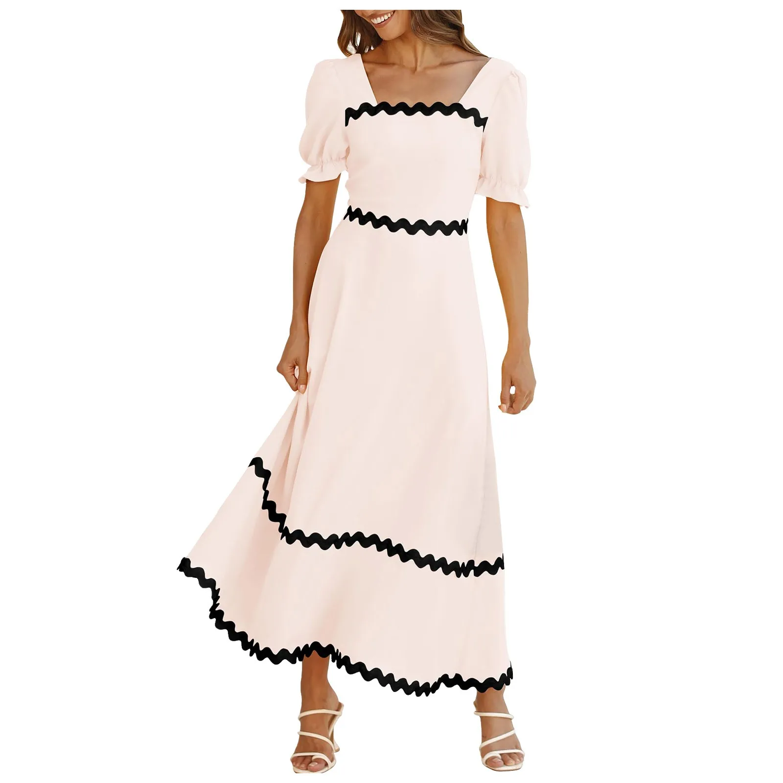 

Women's 2024 Summer Square Neck Short Puff Sleeve Dress Casual RIC Rac Tie Back Smocked A Line Ruffle Dresses for Women Summer