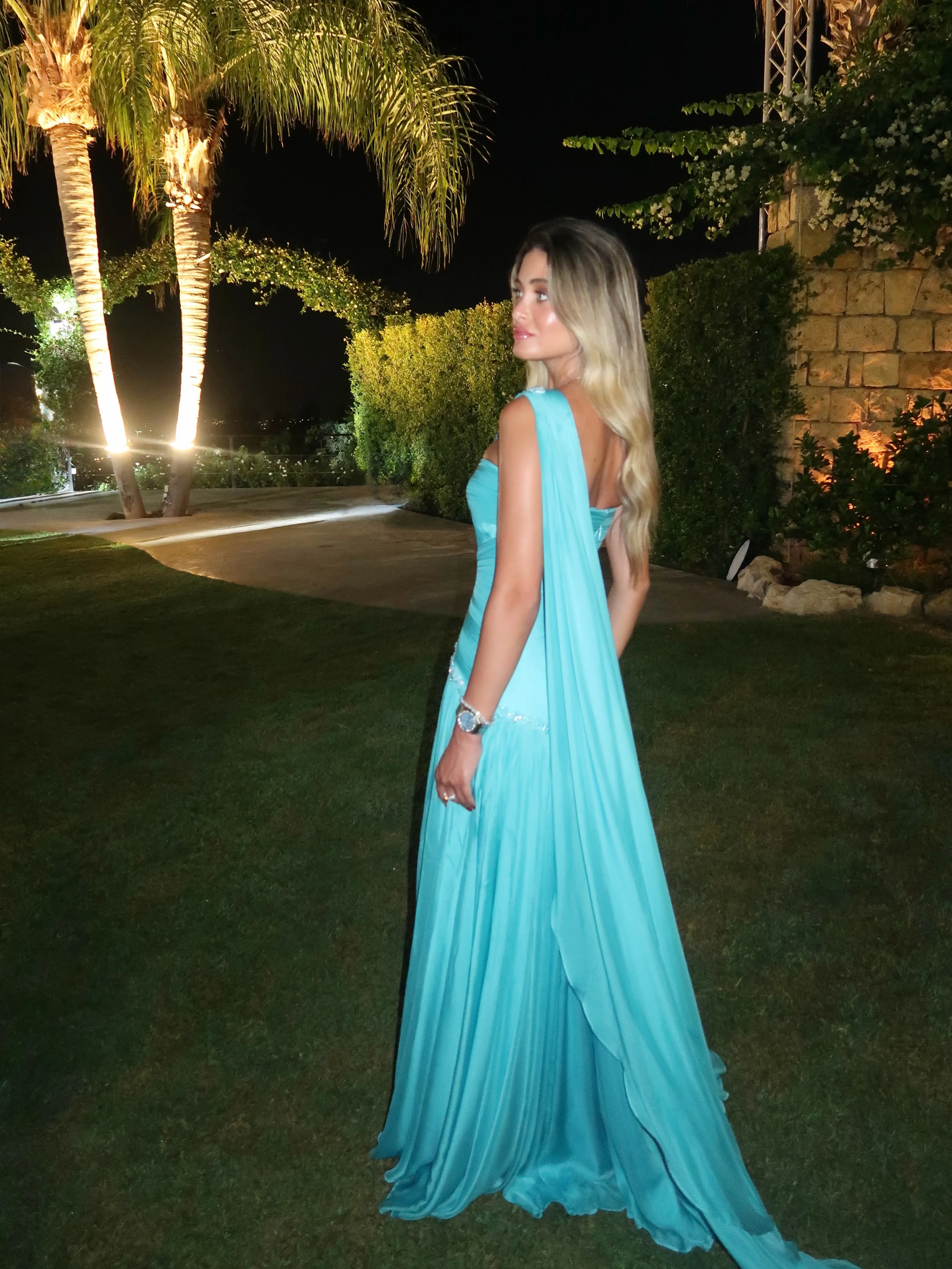 2026 Custom Crystal Trim One Shoulder A Line Gown Turquoise Soft Pleated Fabric Attached Chiffon Cape Luxury Red Carpet Dress