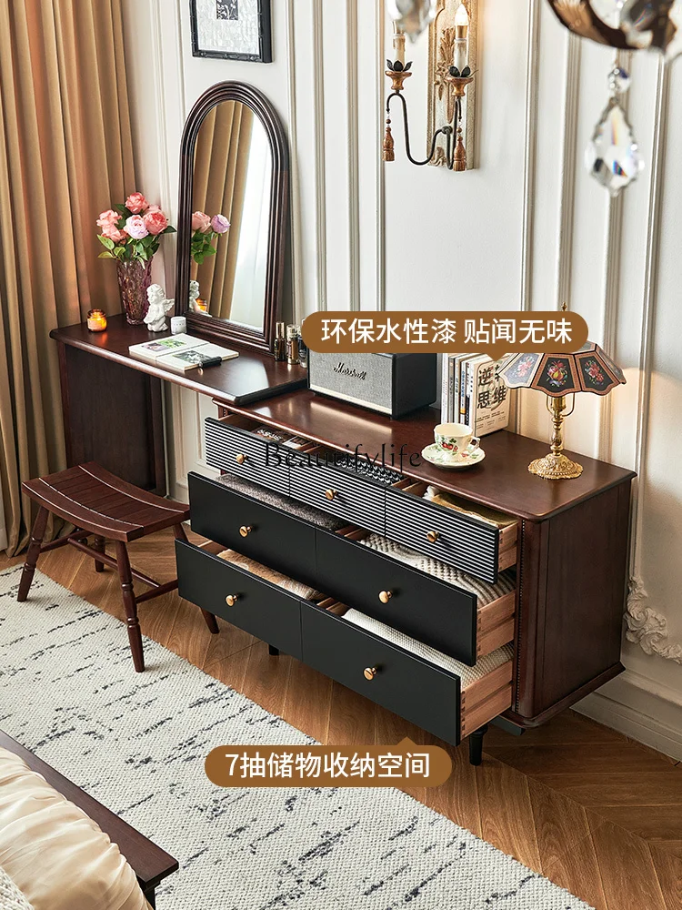 3-French retro style dresser, black color matching chest, integrated rotatable full solid wood bedroom storage cabinet