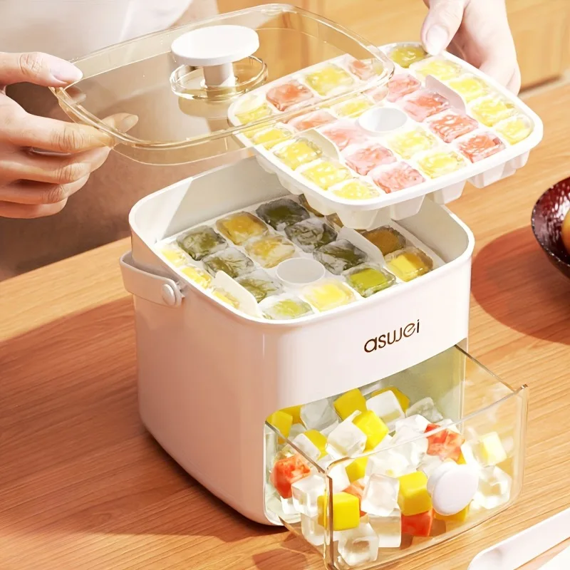 48-Cube Ice Maker with Easy-Press Lid, Double-Layer Food-Grade Plastic Tray, Large Capacity Ice Cube Mold for Refrigerator