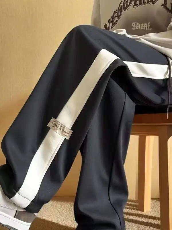 

Летние тонкие мужские повседневные широкие брюки с полосатыми вставками, свободные спортивные универсальные модные брюки прямого кроя