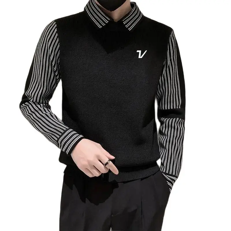 방풍니트골프 Fashion Fake Two Items Polo Shirt Men\'s Golf Wear 2024 Autumn New Golf Sweater Luxury Cultivate Oneself Men\'s Golf Knit