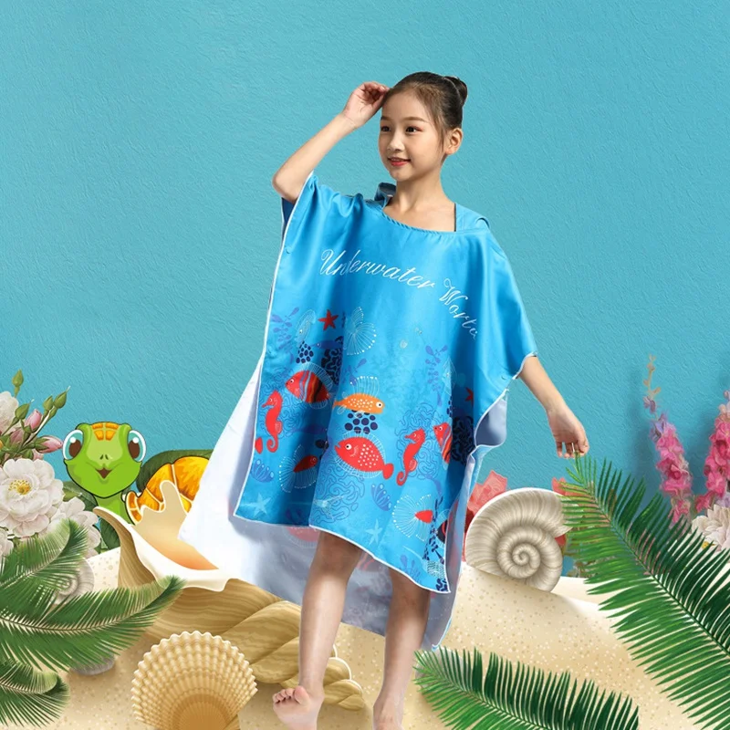 Children Beach Towel Microfiber Bathrobe Poncho Hooded Absorbent Quick Drying Easy For Changing Cloth Underwater World