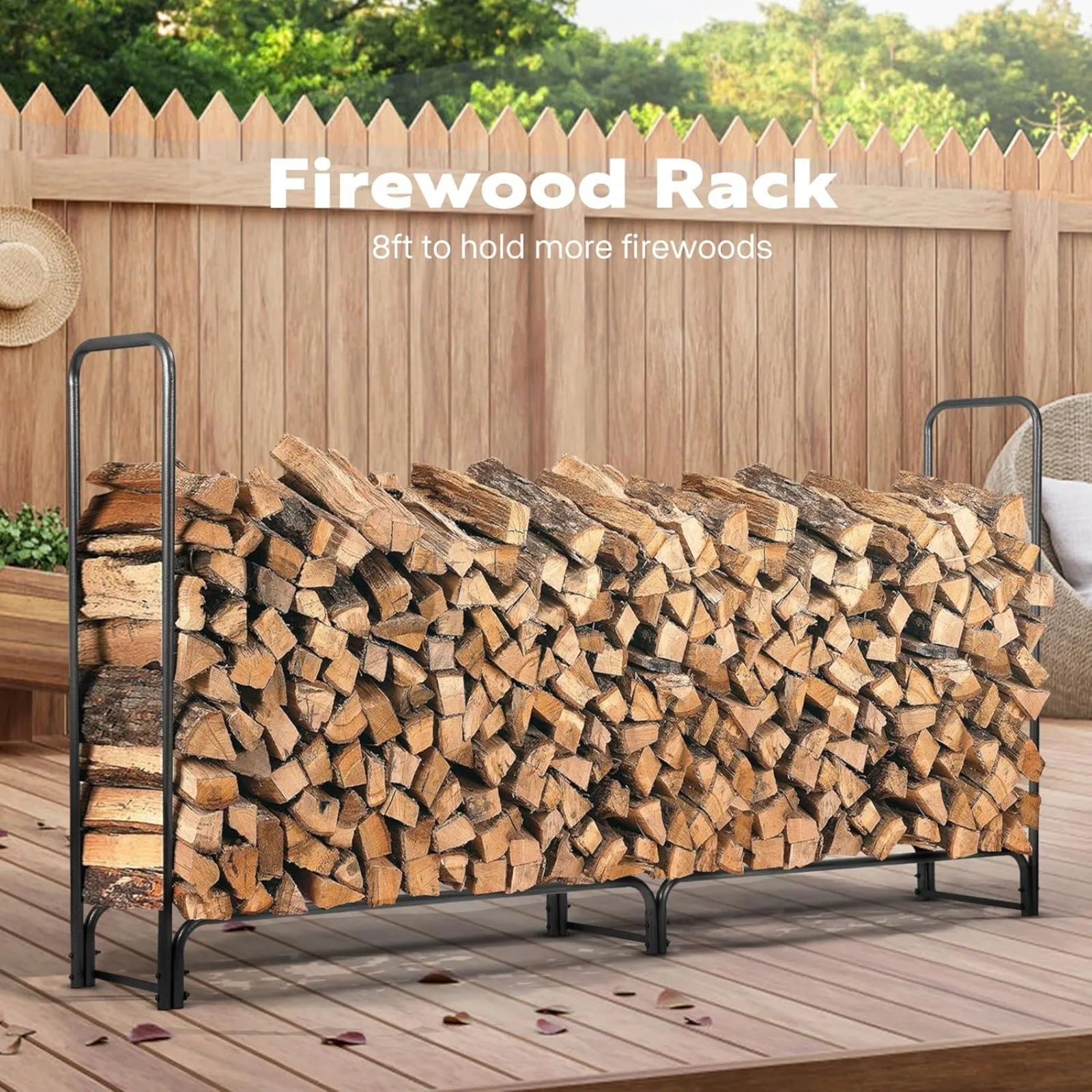 US 8ft Heavy Duty Firewood Rack Log Holder with Carrier Bag, Metal Wood Pile Storage, Fire Logs Stand Stacker