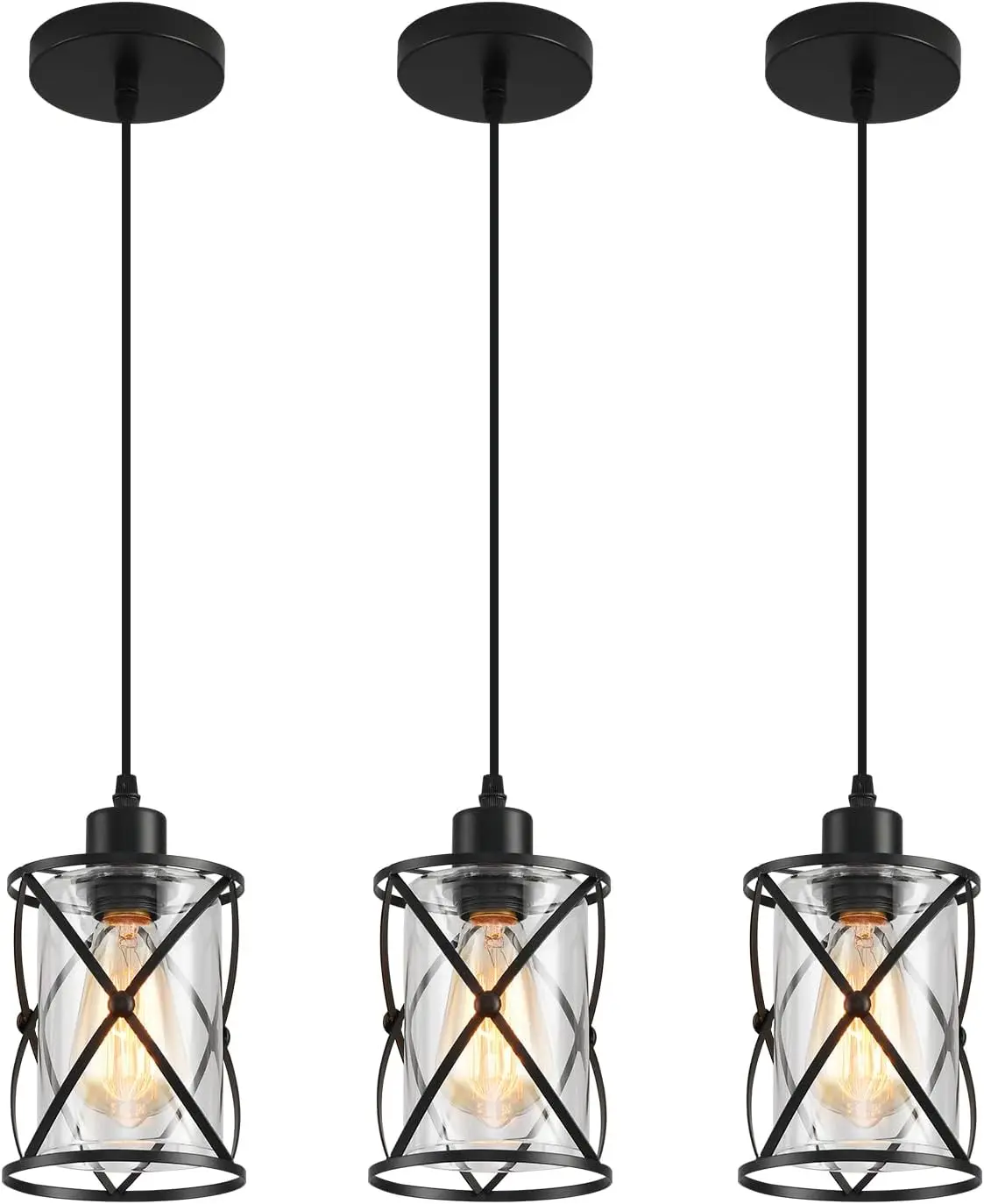 

3-Light Industrial Pendant with Glass Shades, Adjustable Height, Matte Black