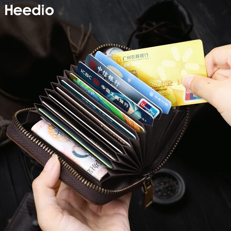 NFC Blocked Credit Card Holder Bag For Men Women Vintage Handmade Genuine Leather Short Card Wallet with Zipper Money Bag