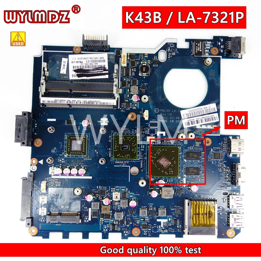 K43U PBL50 LA-7321P Mainboard For Asus X43B X43U K43U X43BR K43BR PBL50 LA-7321P Laptop Motherboard 100% Tested Working