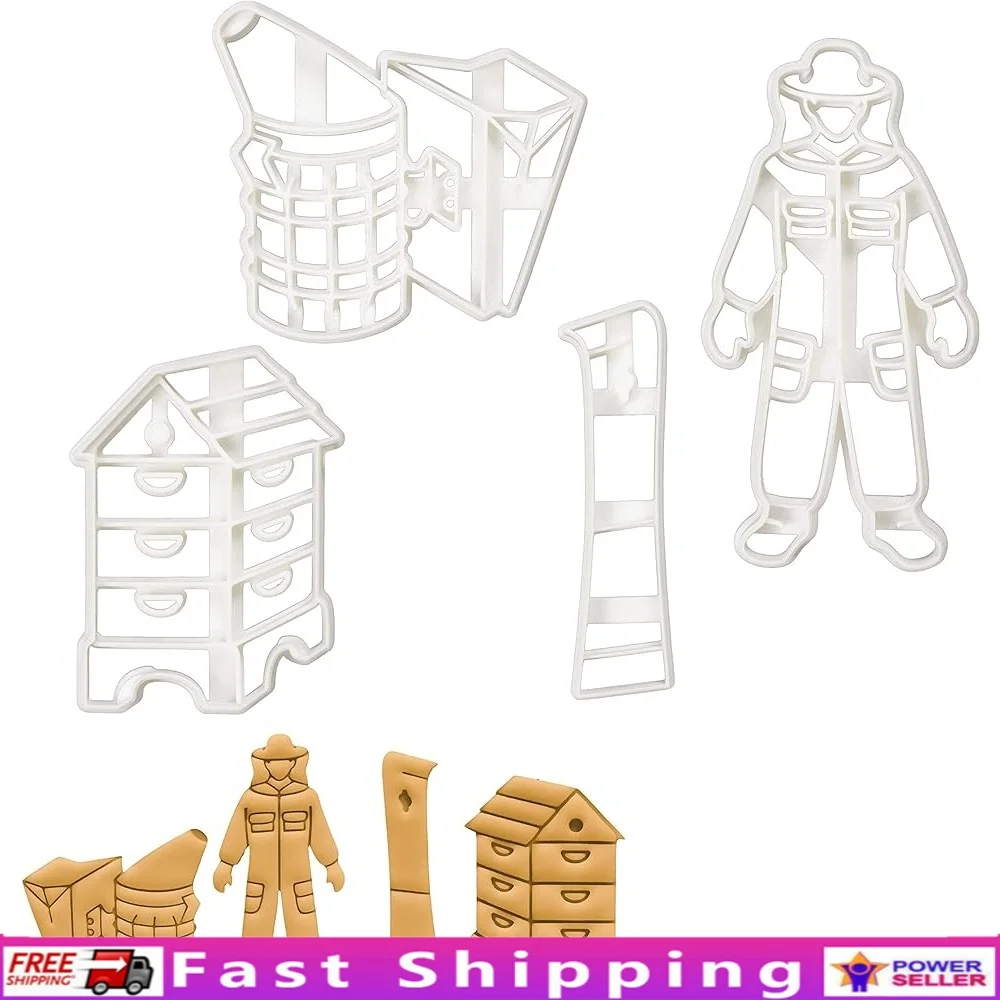 

Set of 4 Beekeeping Cookie Cutters Beehive Hive Tool Beekeeper Suit Bee Smoker Dishwasher Safe Cookies Fondant Crafts