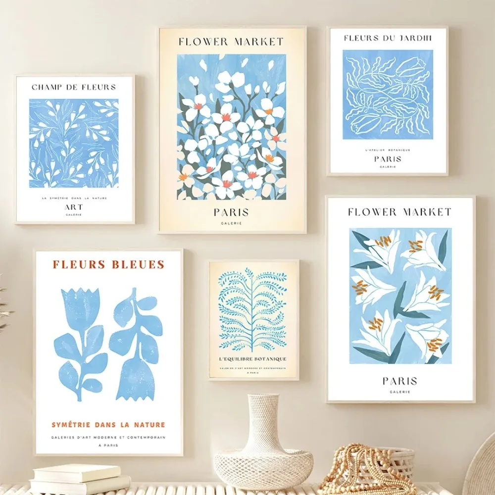 Línea azul, mercado de flores, flores secas, póster artístico de pared, impresiones, pintura en lienzo nórdico, imágenes abstractas para decoración del hogar y la sala de estar