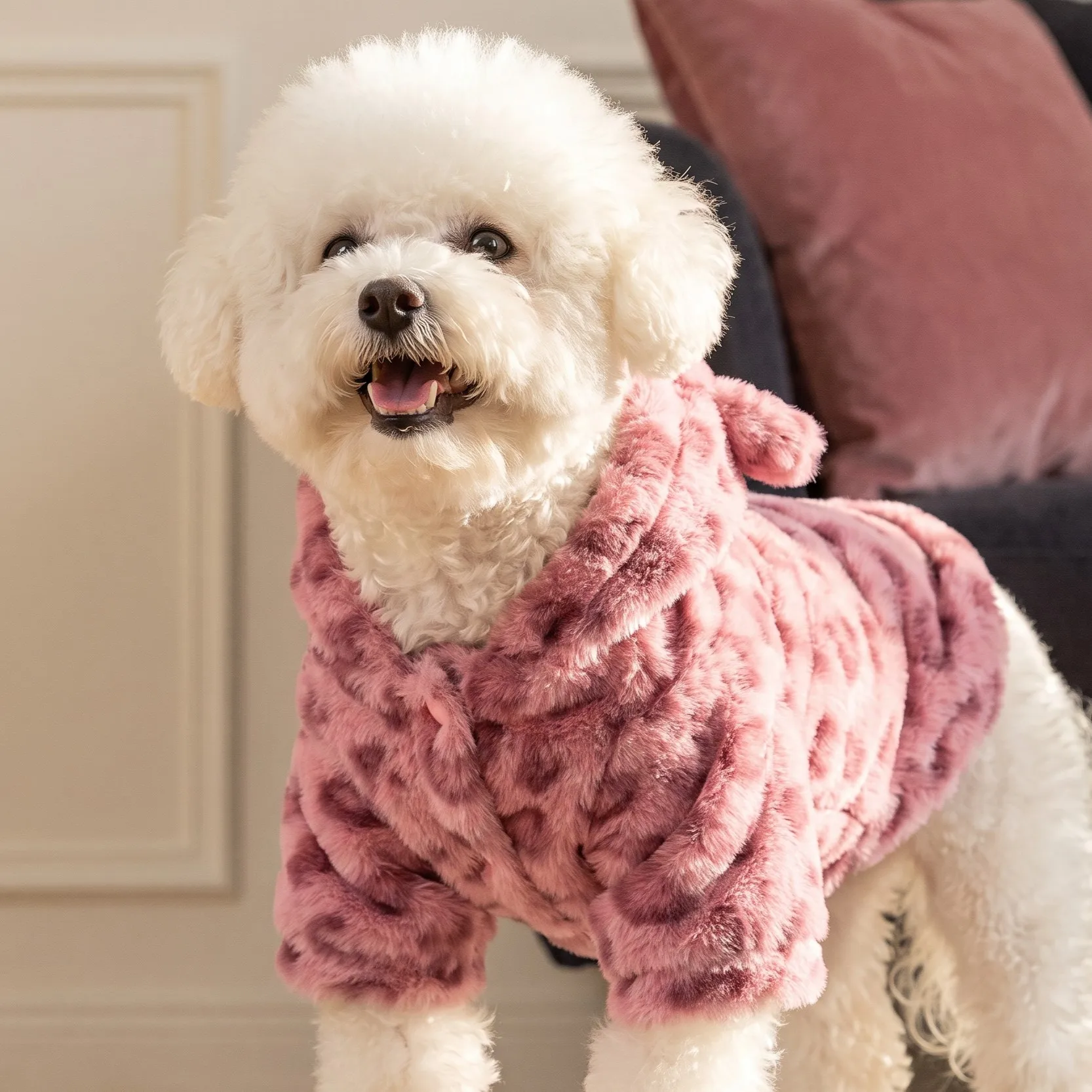 Hundejacke, Retro-Leopardenmuster, Kunstfell-Teddybär-Ohren, Kapuzenjacke mit Reißverschluss, dicke, flauschige, warme Haustierjacke – Detail 8