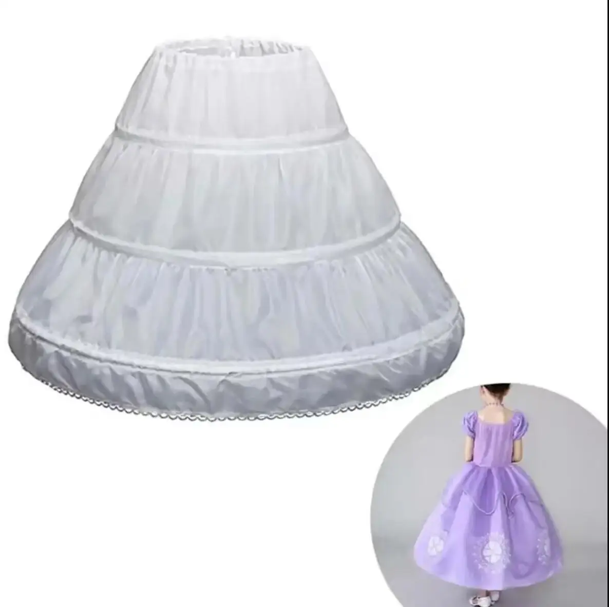 White Child Petticoat A-Line 3 Hoops One Layer Kids Crinoline Lace Trim Flower Girl Dress Underskirt Elastic Waist for Children