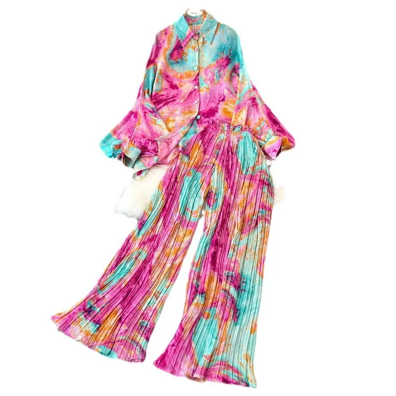 FRAYA LAB New  Europe and America Style Oversize Print Shirt Tops High Waist Long Pants Two Pieces Sets 2026