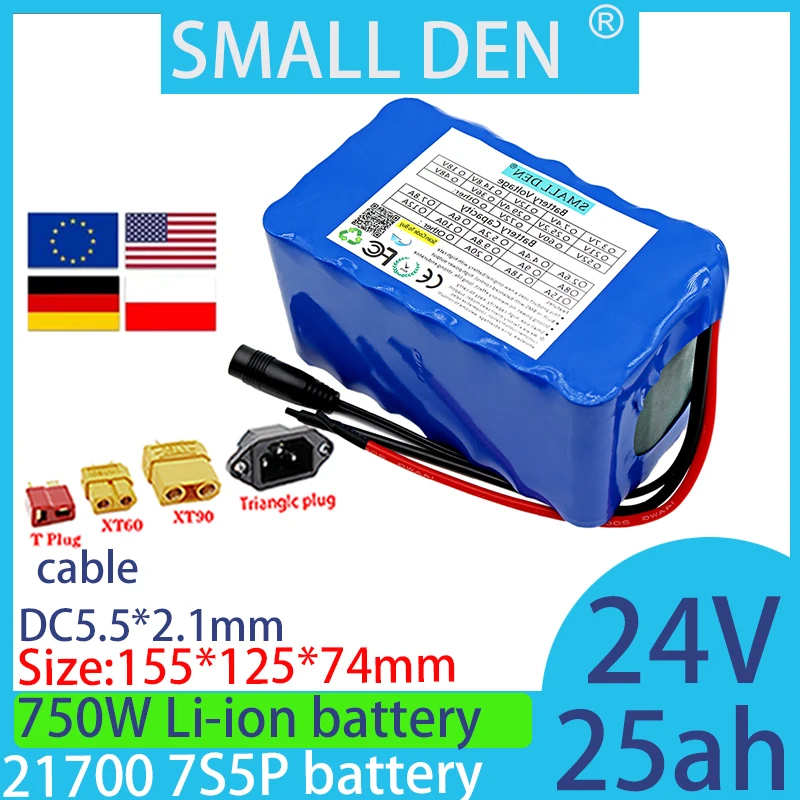 

New 24V 25ah 21700 lithium battery pack 7S5P BMS 750W, large capacity and high power+2A 3A 5A rechargeable lithium-ion battery