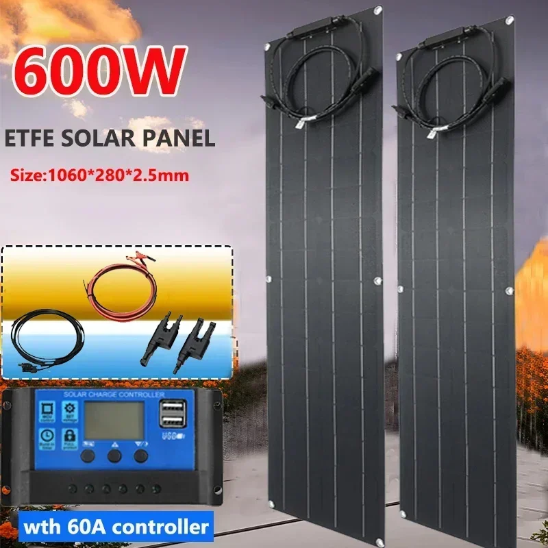 600W 300W Solar Plate Kit Flexible Solar Cells 18V Solar Panel System Battery Charger for Camping Yacht Motorhome Car RV Boat