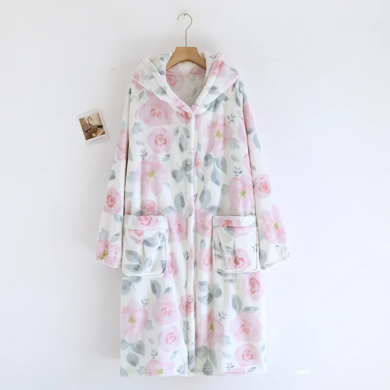 2024 Winter New Flannel Sleeping Robe Women\'s Bathrobe Long Thickened Velvet Cute Sweet Hooded Home Robe Sleepwear Ladies