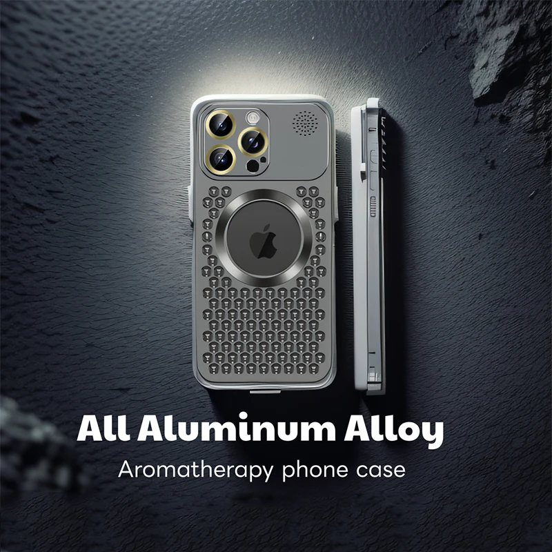 

Aluminum Alloy Cooling Aromatherapy Phone Case For IPhoen 14 15 Pro Max Plus Hollow Magnetic Magsafe Lens Protection Phone Case