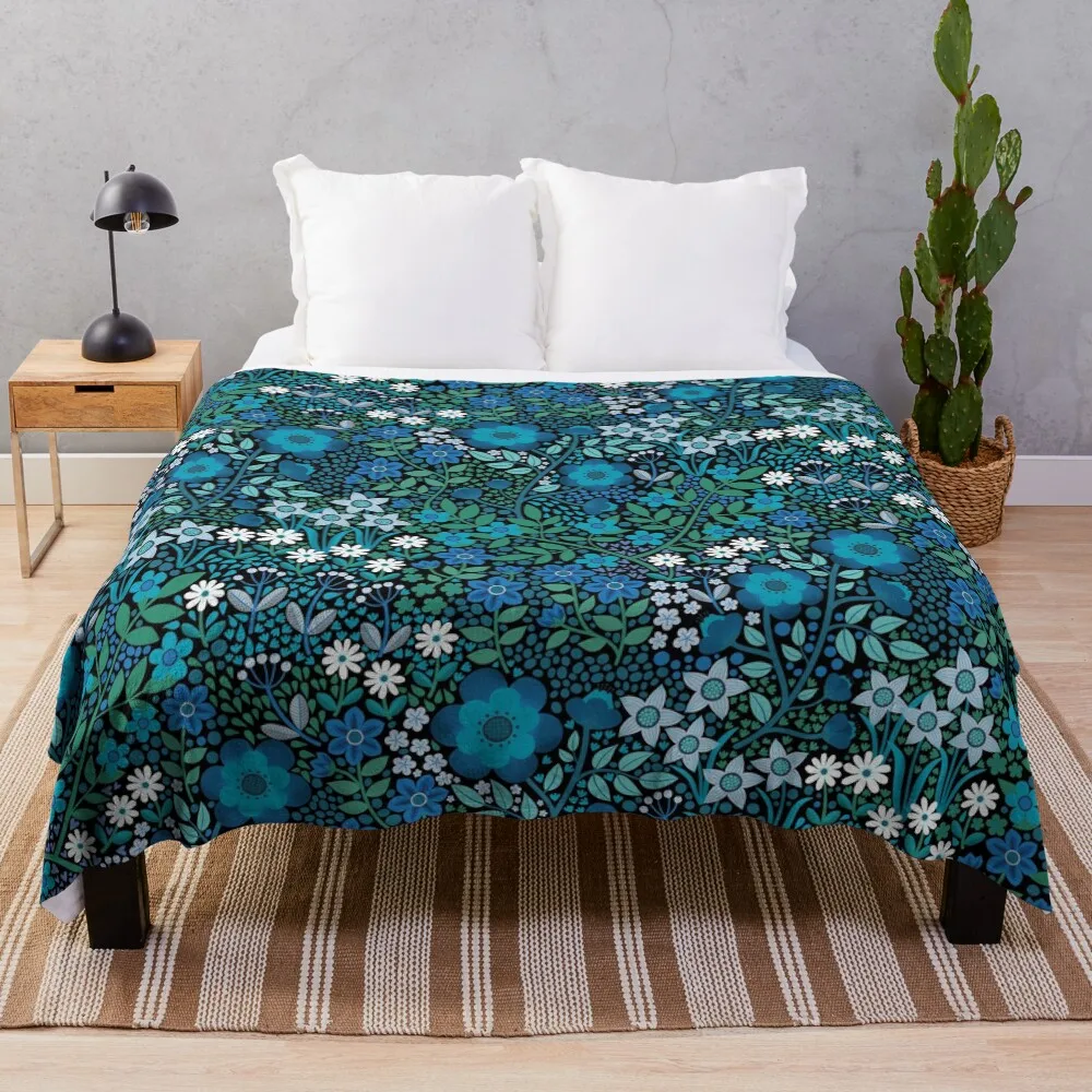 

Summer Flower Garden - pretty floral pattern, turquoise blue and emerald on black - by Cecca Designs Throw Blanket