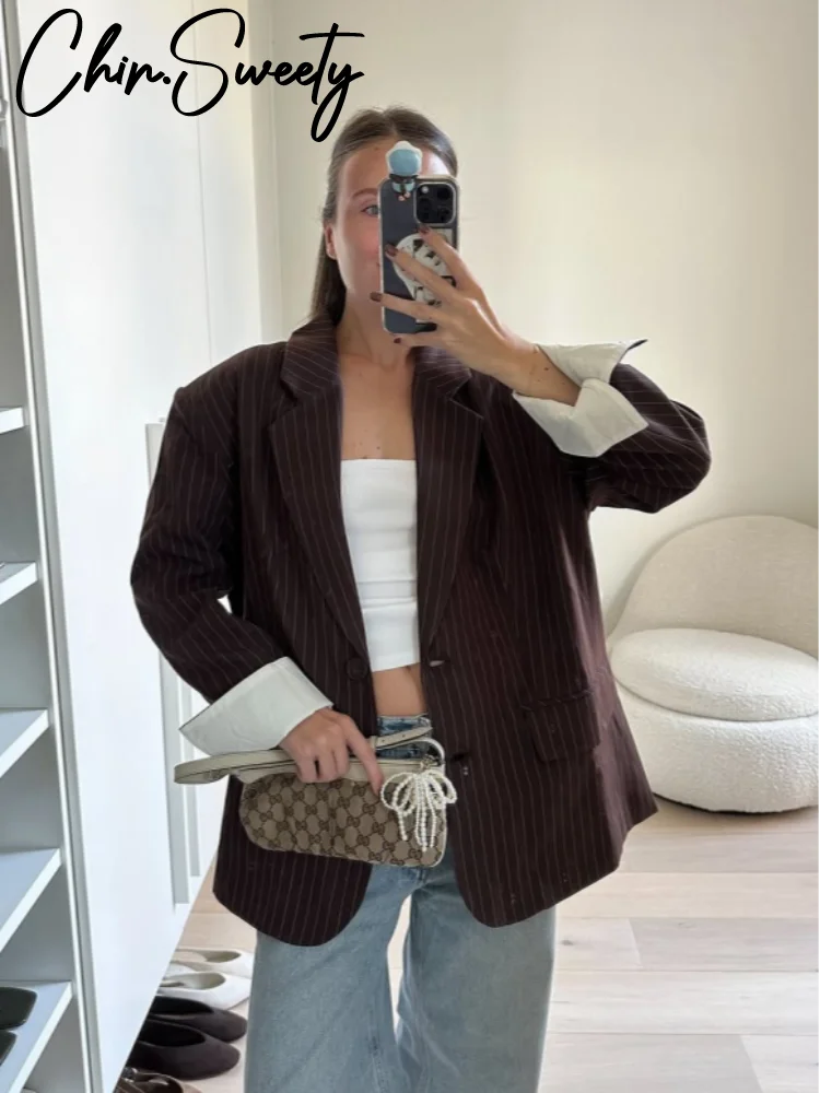 Blazer holgado informal a rayas para mujer, chaqueta de manga larga con solapa de contraste y una botonadura, abrigo con bolsillo falso para verano y otoño 2025