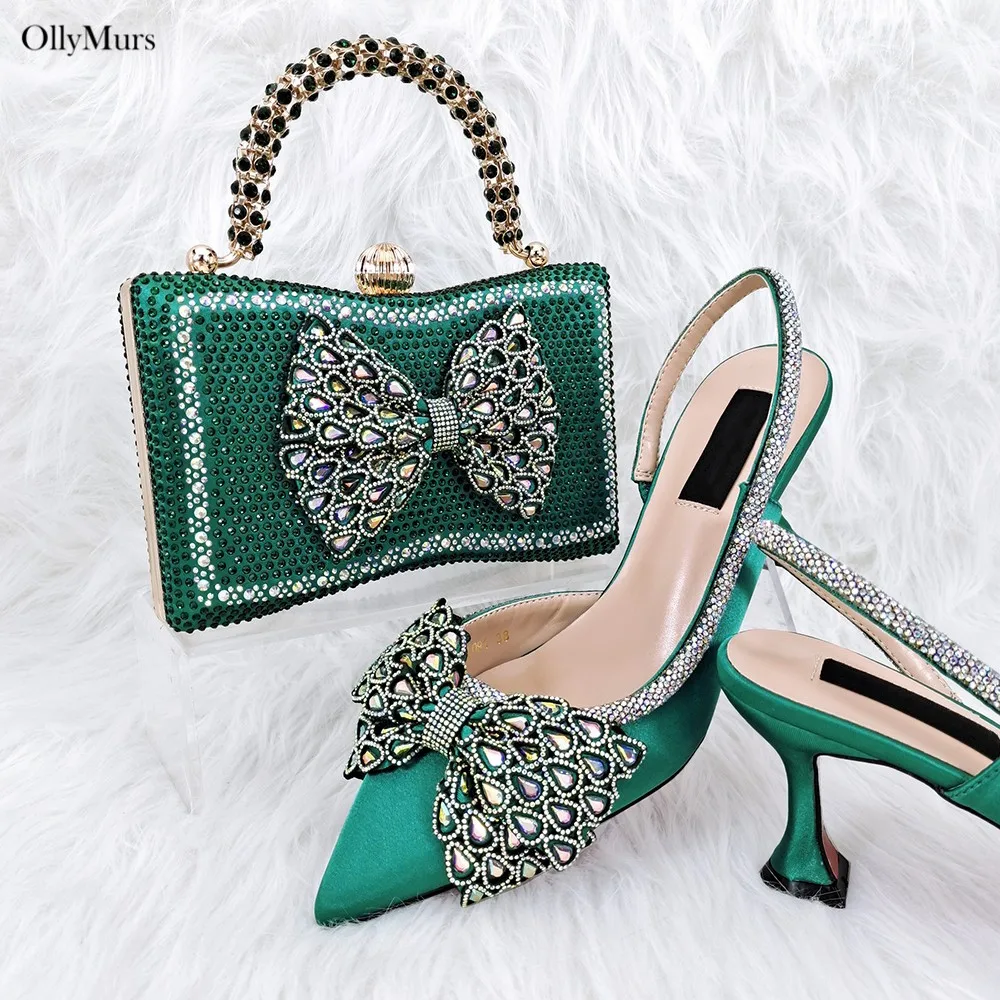 Hot Sale Fashion Italian Green Crystal Shoes And Bag Set European Design Woman Sandal Shoes And Bag Set For Party Size 38-43