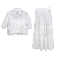 2025 New Summer Women Two-Piece Set Short Blouse Tops or High Waist Midi Skirt Ladies White Set