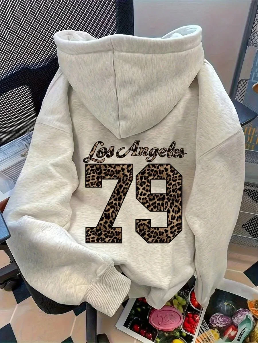

Fashion - Forward Cotton Hoodie Featuring Los Angeles Text and Stylish Leopard Number Motif Leopard 79 Print for A Trendy Look