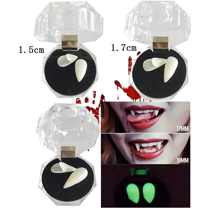 1 par de decoração de halloween para dentes de vampiro, adereço para dentaduras, zumbi, diabo, dente falso, cosplay, acessório de fantasia, festa