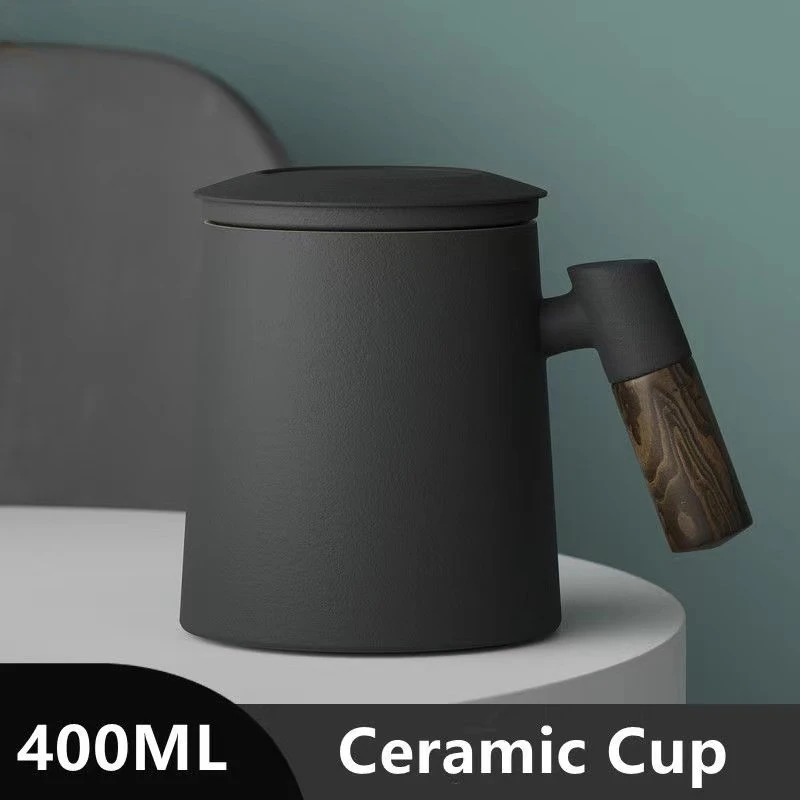 400ml Ceramic Tea Cup with Infuser Brewing Chinese Style Tea Mug with Solid Wood Handle Winter Office Coffee Water Cup