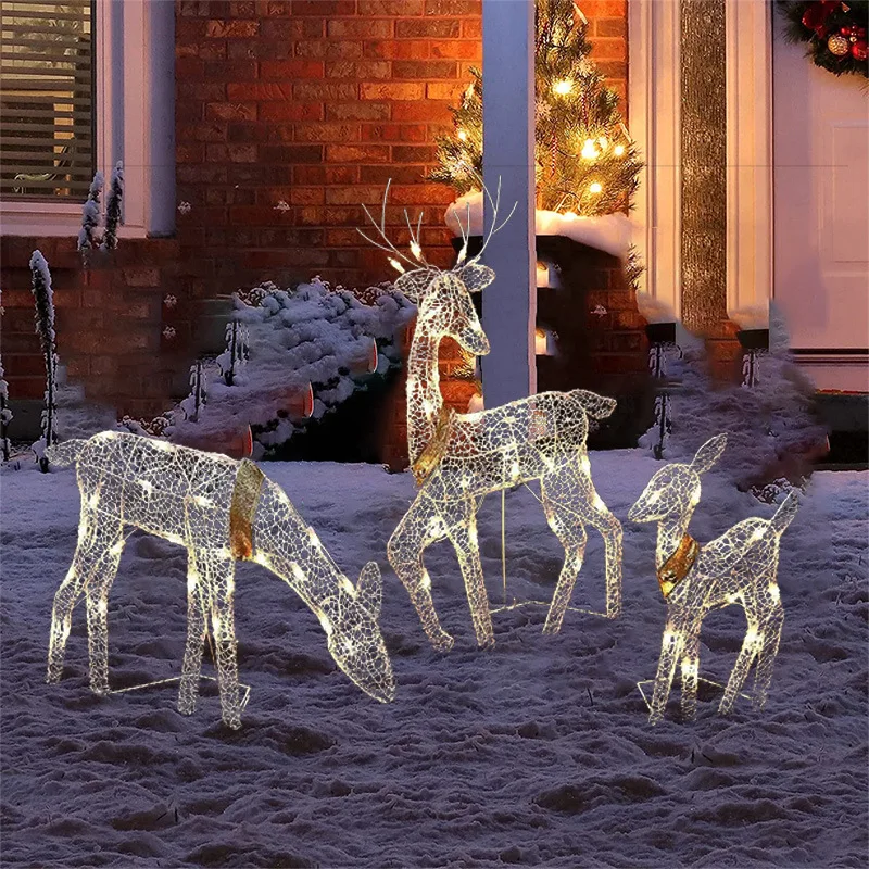 Christmas Deer Three Deer Outdoor Metal Luminous Ornaments With Led Light Glowing Flashing Elk Statue Glitter Sequins Reindeer