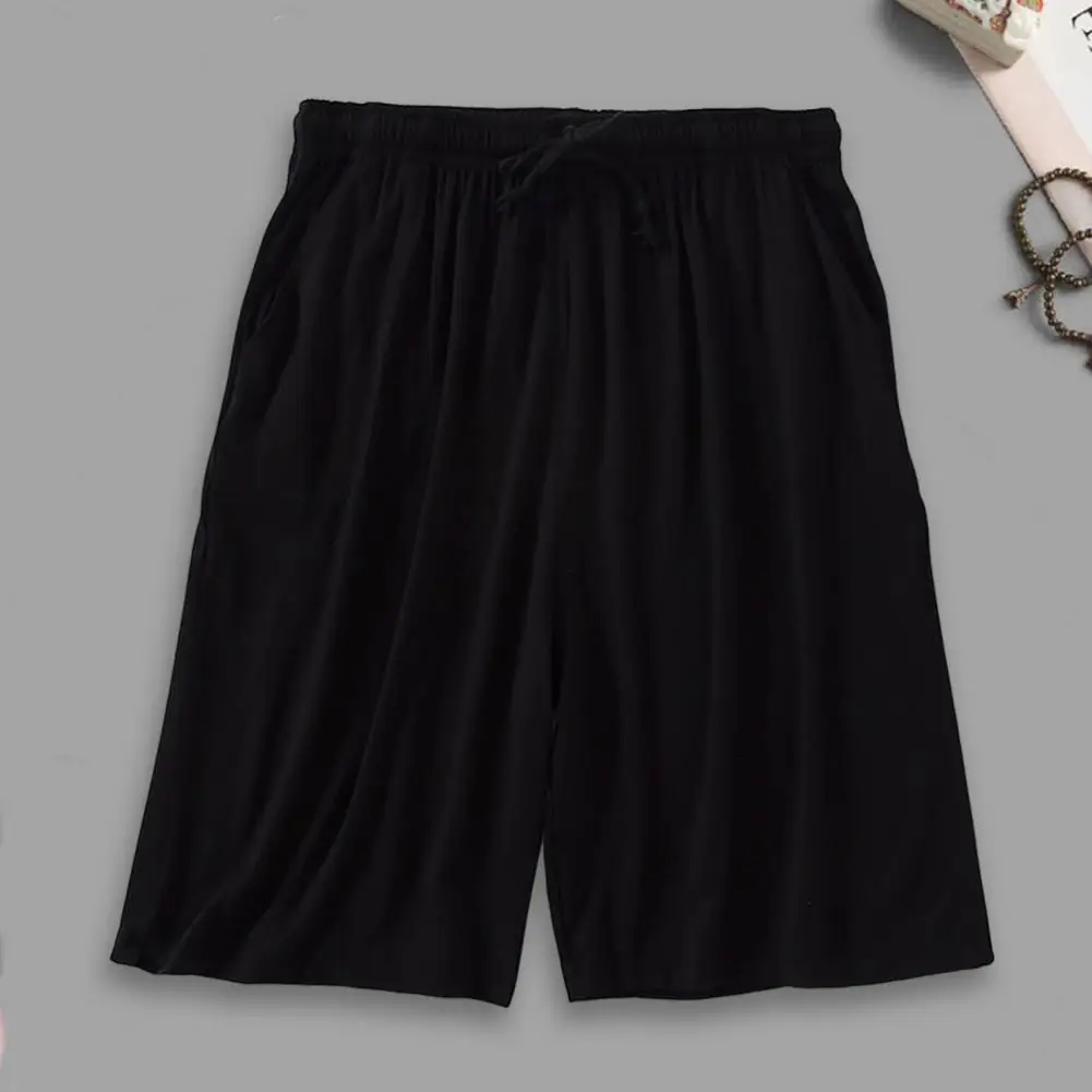 Men Summer Shorts Solid Color Loose Elastic Waist Drawstring Deep Crotch Keep Cooling Comfortable Pockets Plus Size Knee-length