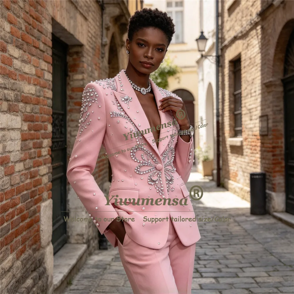 Luxury Women Suits Formal Party Wear Sparkly Stones Beaded Jacket Trousers 2 Piece Sets Lady Business Party Tuxedo Customized