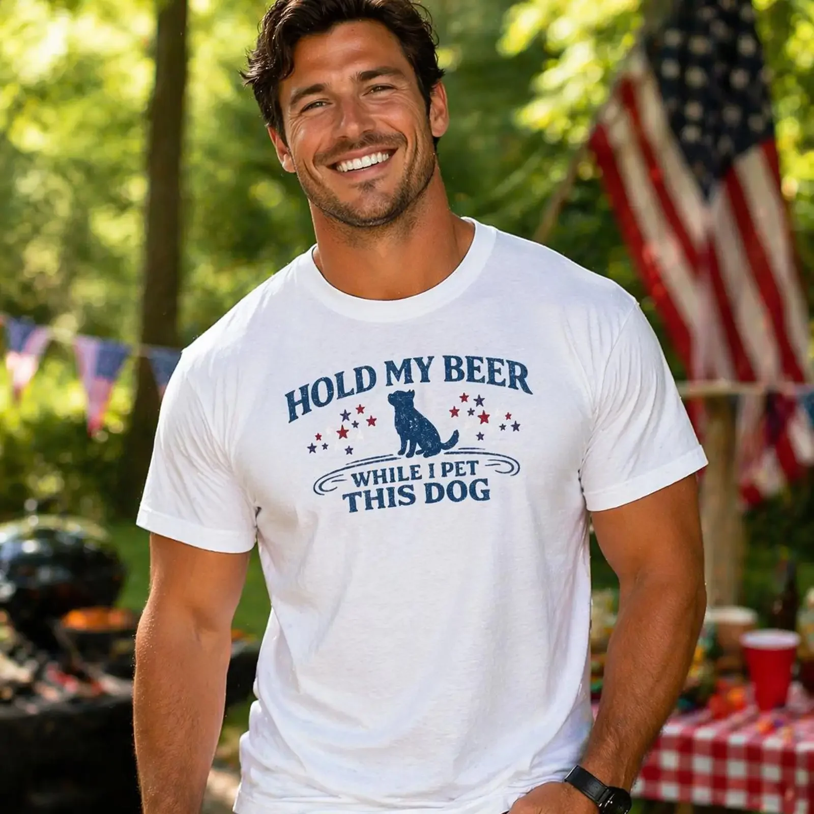 Funny Dog T Shirt Hold My Beer While I Pet This Patriotic vintage Washed designer clothes Slightly streetwear Soft Unisex