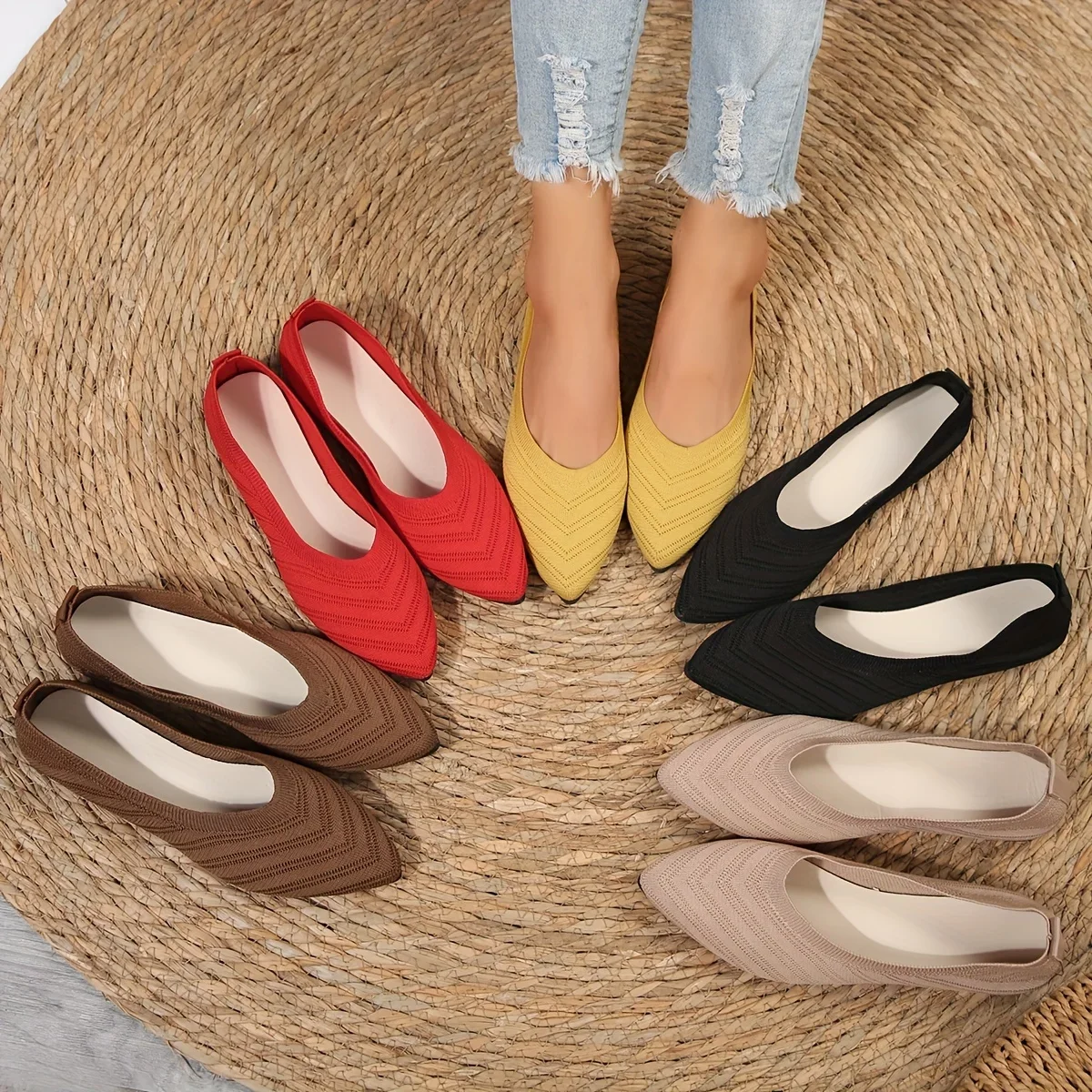 Platte schoenen met puntige neus Dames Effen kleur Gebreide instappers Casual ademende balletflats Damesloafers Comfort damesschoenen