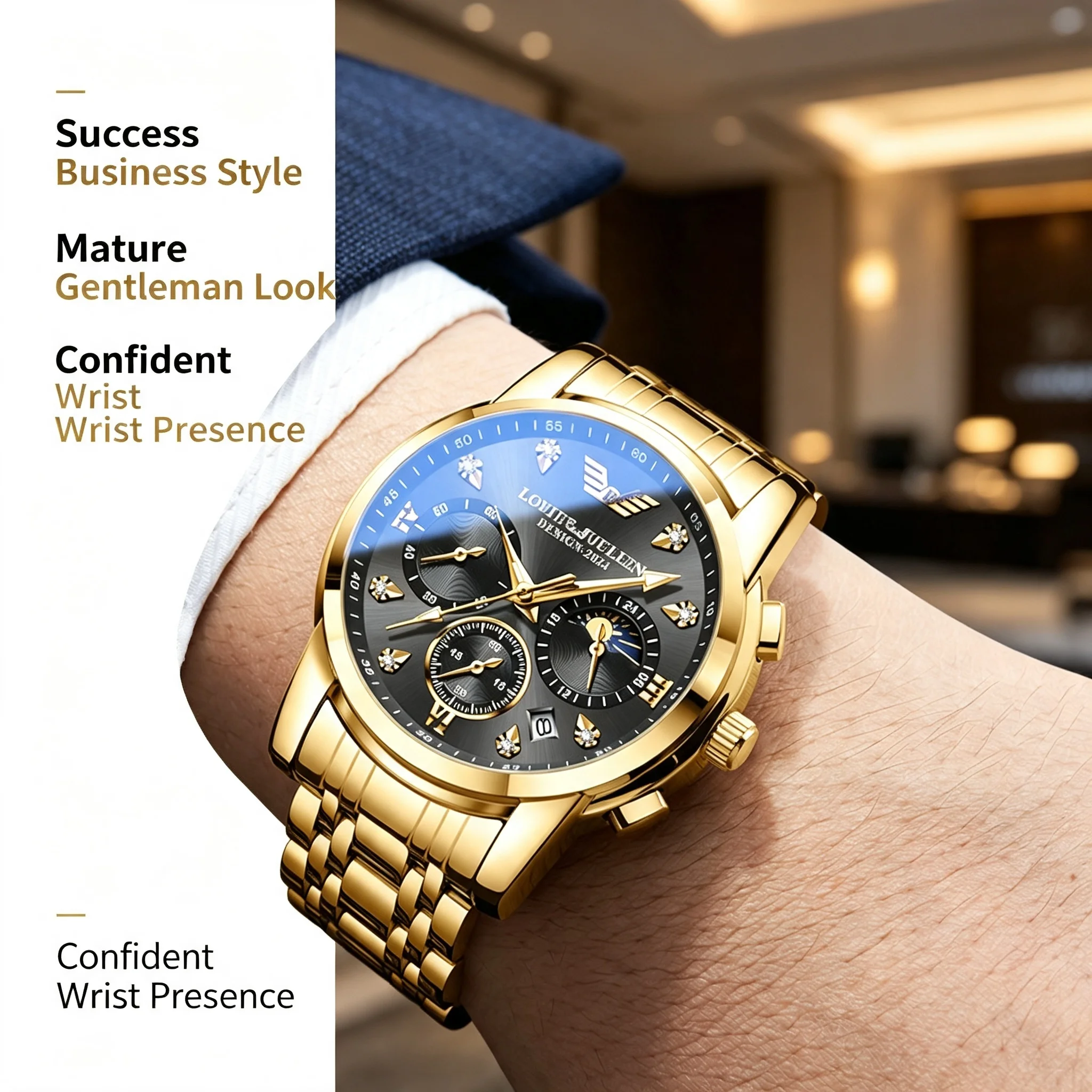 Men Golden Quartz Watch Moon Phase Chronograph 30M Waterproof Stainless Steel Business Wristwatch with Calendar