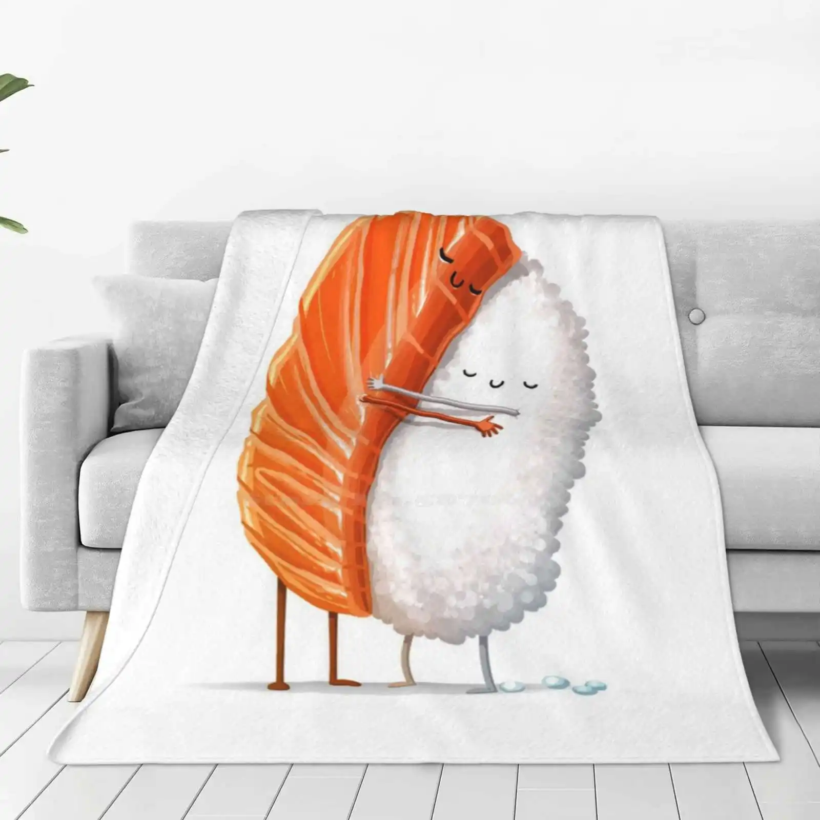 Sushi Hug Creative Design Light Thin Soft Flannel Blanket Sushi Hug Nigiri Love Cute Rice Fish Cuddle Kiss Boyfriend Girlfriend