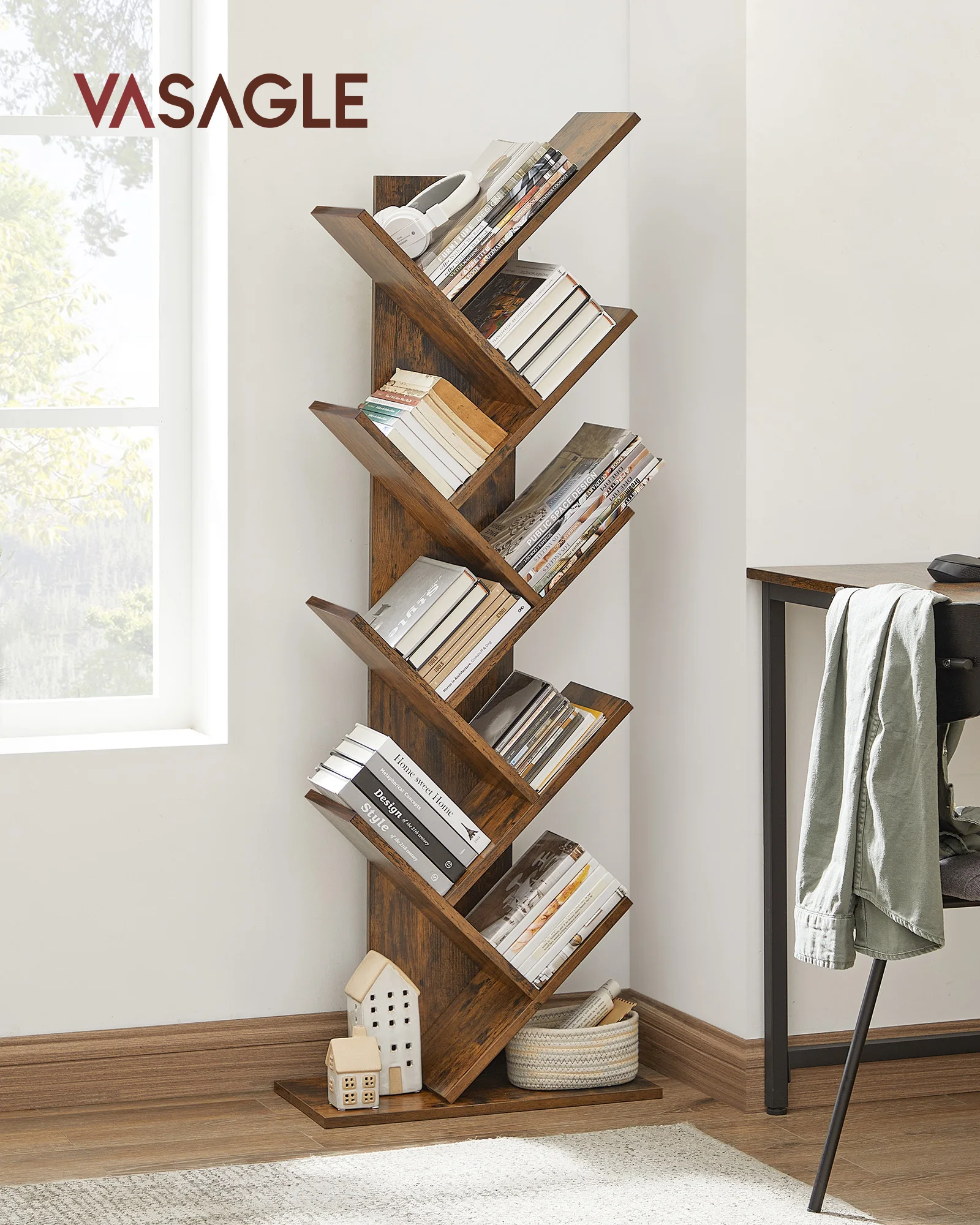 VASAGLE Tree Bookshelf, 9-Tier Floor Standing Bookcase, Space-Saving Corner Shelf, with Wooden Shelves for Bedroom, Living Room