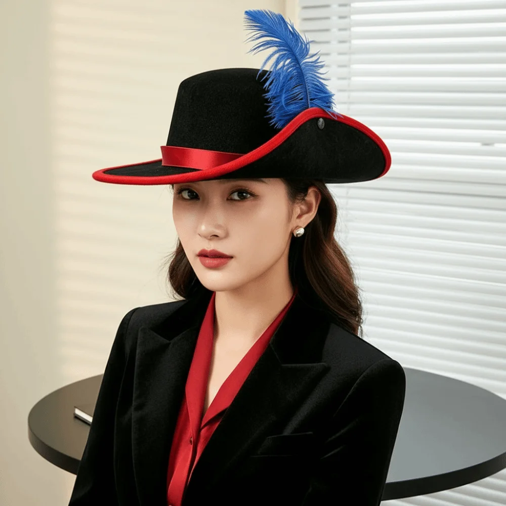 Felt Cavalier Top Hat Artificial Feather Flat Top Feather Stage Cap Black Wide Brim Masquerade Headwear Photo Studio Prop