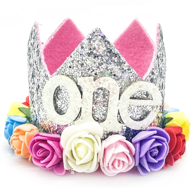 Kinder Geburtstag Crown Silber Glitter Pulver Imitation Blume Hut Baby Ein Jahr Alt 1st Geburtstag Party Dekoration Baby Dusche