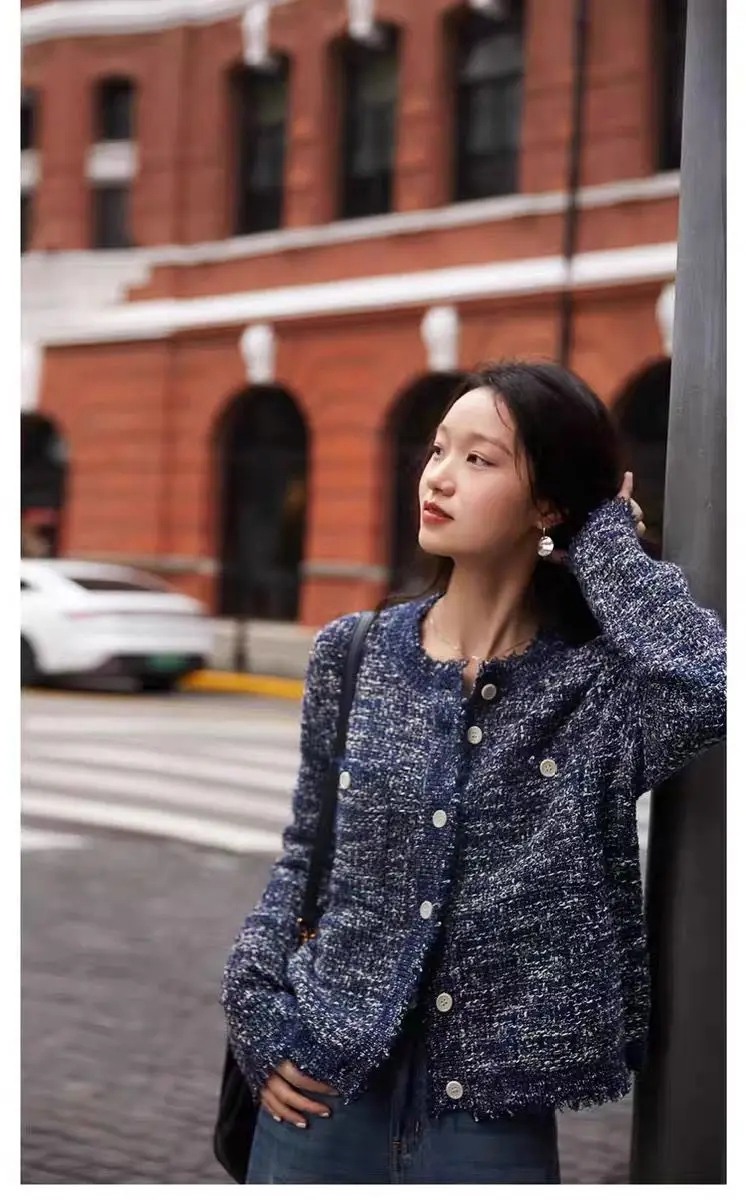 Vintage Elegant Tweed Cardigan Women Fringe Trim Knit Top Pearl Button Short Knited Sweater Coat Autumn Outerwear