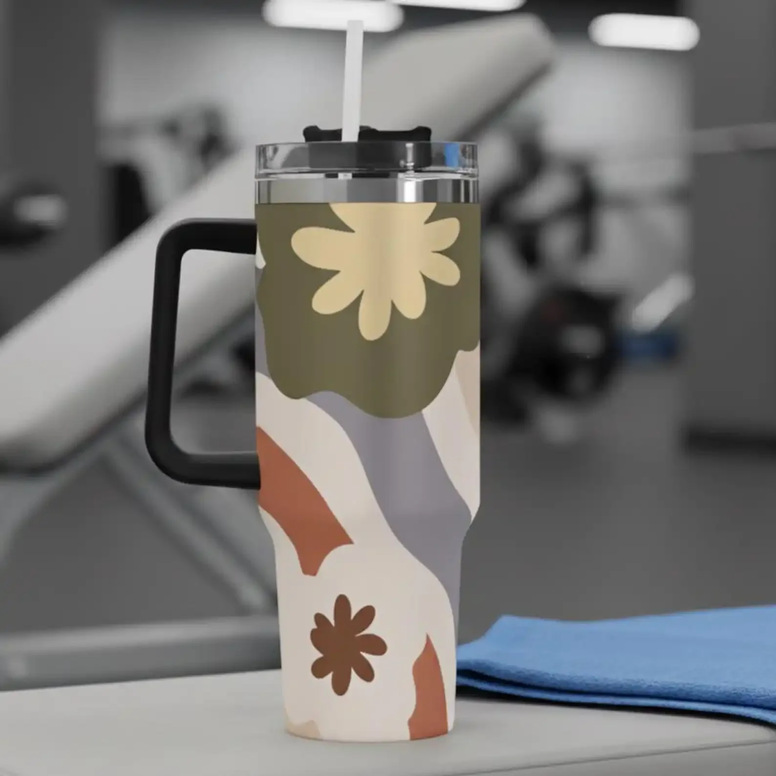 Earthy Wavy Daisy 40Oz Tumbler | Neutral Retro Floral Insulated Travel Mug with Handle | Slate Sage Bloom Cup | Stainless Steel